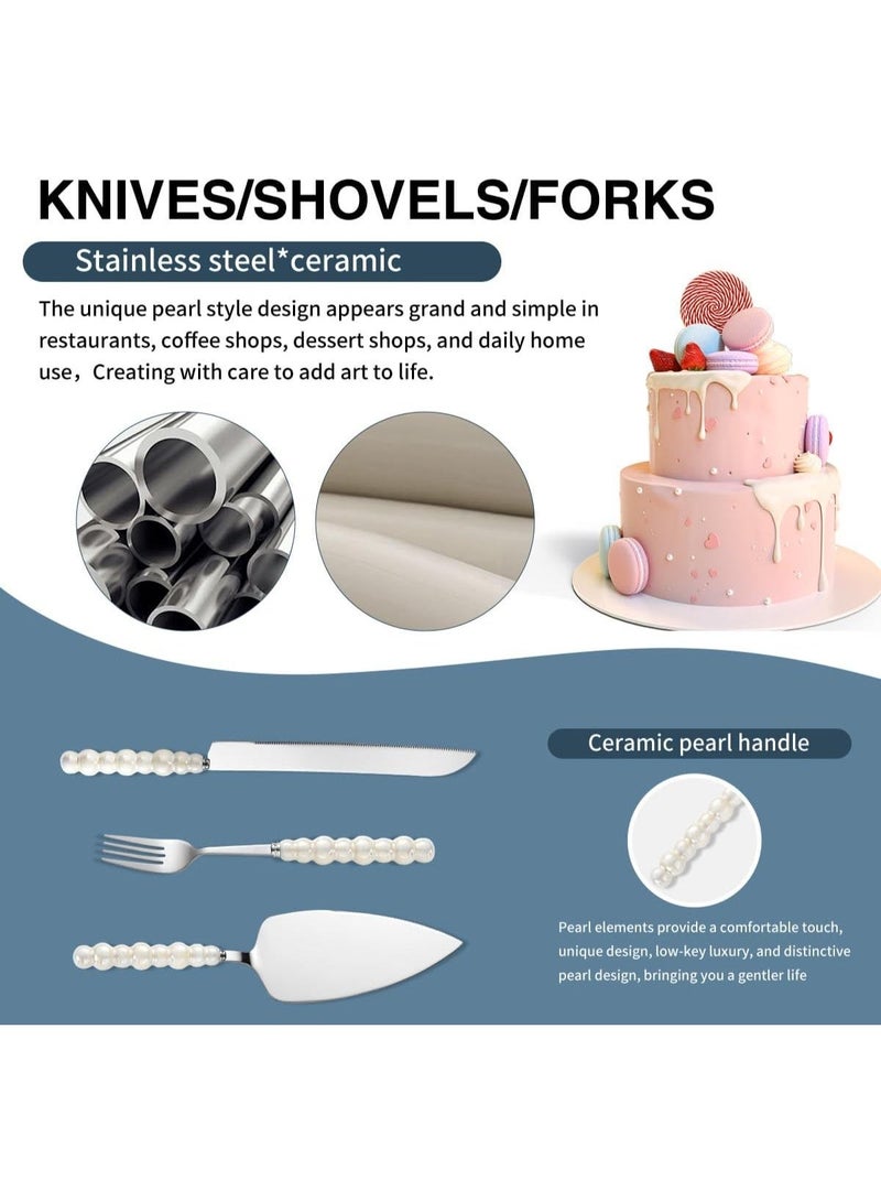 LBMT مجموعة أدوات تقديم الكعكة من 4 قطع، سكين تقديم الكعكة وطقم الخدمة مع الشوك، مجموعة قطع الكعكة بحواف مسننة من الفولاذ المقاوم للصدأ مع مقبض لؤلؤي، قاطع فطائر من الفولاذ المقاوم للصدأ، هدية زفاف/عيد ميلاد/ذكرى، هدية خطوبة للأزواج (ذهبي) - Image 5